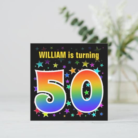 Kleurrijke sterren + regenboogpatroon "50" Verjaar Kaart (Staand voorkant)