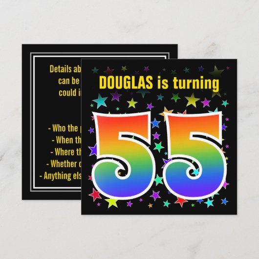 Kleurrijke sterren + Regenboogpatroon "55" Verjaar Kaart (Voorkant / Achterkant)