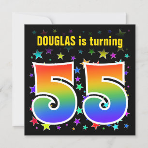 Kleurrijke sterren + Regenboogpatroon "55" Verjaar Kaart