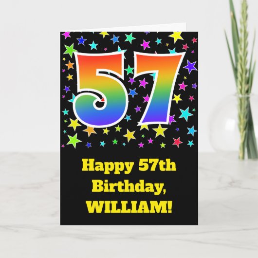 Kleurrijke sterren + regenboogpatroon "57" Verjaar Kaart (Voorkant)