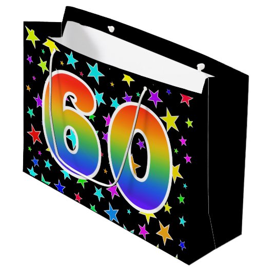 Kleurrijke sterren + regenboogpatroon "60" Event # Groot Cadeauzakje (Voorkant Gekanteld)