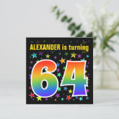 Kleurrijke sterren + regenboogpatroon "64" Verjaar Kaart (Staand voorkant)