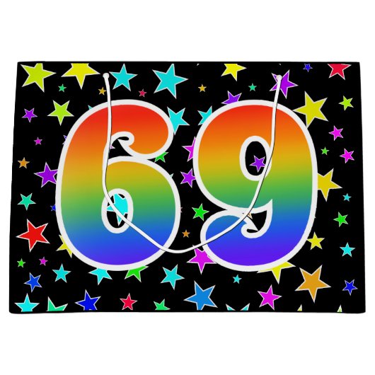 Kleurrijke sterren + regenboogpatroon "69" Event # Groot Cadeauzakje (Voorkant)