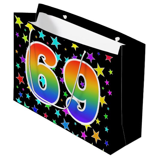 Kleurrijke sterren + regenboogpatroon "69" Event # Groot Cadeauzakje (Voorkant Gekanteld)