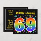 Kleurrijke sterren + regenboogpatroon "69" Verjaar Kaart (Voorkant / Achterkant)