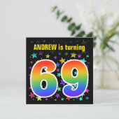 Kleurrijke sterren + regenboogpatroon "69" Verjaar Kaart (Staand voorkant)