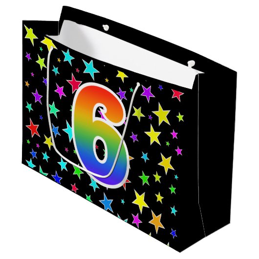 Kleurrijke sterren + regenboogpatroon "6" Event # Groot Cadeauzakje (Voorkant Gekanteld)