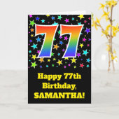 Kleurrijke sterren + regenboogpatroon "77" Verjaar Kaart (Gele Bloem)