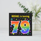 Kleurrijke sterren + regenboogpatroon "79" Verjaar Kaart (Staand voorkant)