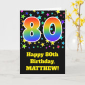 Kleurrijke sterren + regenboogpatroon "80" Verjaar Kaart (Gele Bloem)