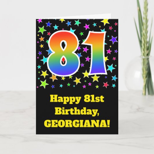 Kleurrijke sterren + regenboogpatroon "81" Verjaar Kaart (Voorkant)