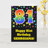 Kleurrijke sterren + regenboogpatroon "81" Verjaar Kaart (Gele Bloem)