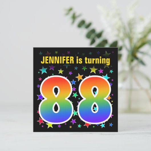 Kleurrijke sterren + regenboogpatroon "88" Verjaar Kaart (Staand voorkant)