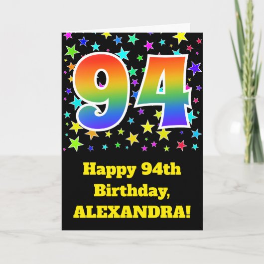 Kleurrijke sterren + regenboogpatroon "94" Birthda Kaart (Voorkant)