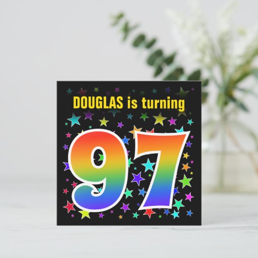 Kleurrijke sterren + Regenboogpatroon "97" Verjaar Kaart (Staand voorkant)