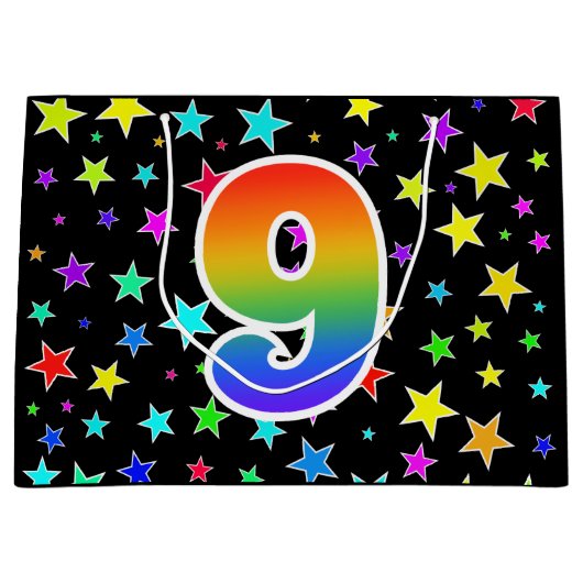 Kleurrijke sterren + regenboogpatroon "9" Event # Groot Cadeauzakje (Voorkant)