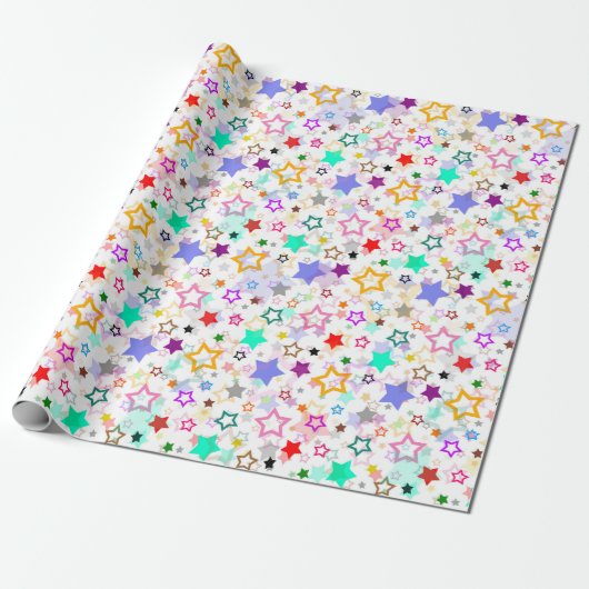 Kleurrijke sterren wit cadeaupapier (Uitgerold)