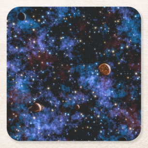 Kleurrijke sterrenstelsels, sterren en planeten in kartonnen onderzetters