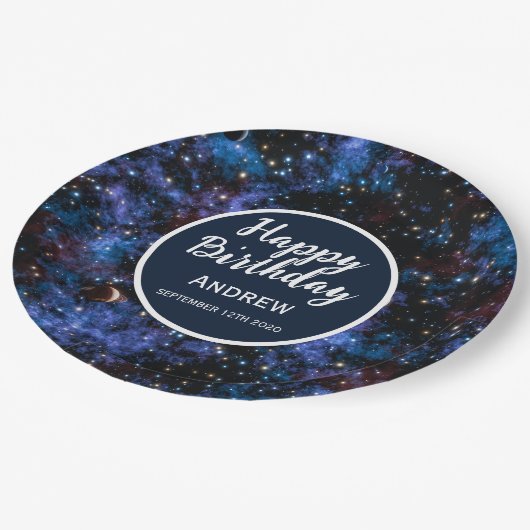 Kleurrijke sterrenstelsels, sterren en planeten papieren bordje (Gekanteld)