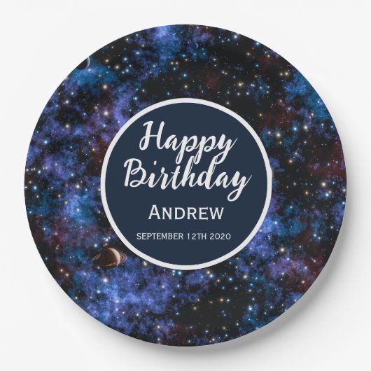 Kleurrijke sterrenstelsels, sterren en planeten papieren bordje (Voorkant)