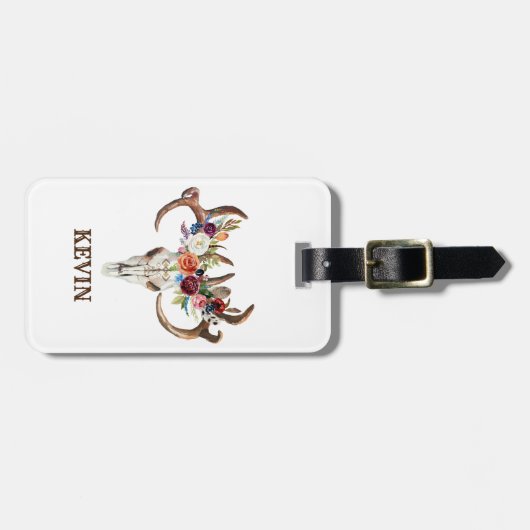 Kleurrijke stier bloemsuiker schedel bagagelabel (Voorkant horizontaal)