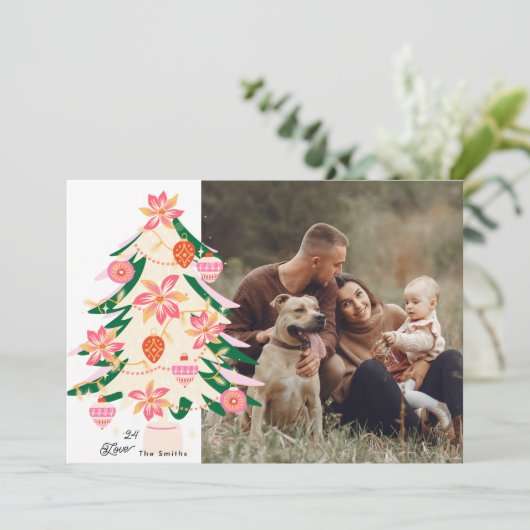 Kleurrijke stijlvolle moderne kerstboom 1 foto feestdagenkaart (Staand voorkant)