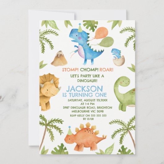 Kleurrijke Stomp Chomp Feest Dinosaur 1e Verjaarda Kaart (Voorkant)