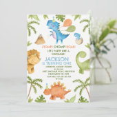 Kleurrijke Stomp Chomp Feest Dinosaur 1e Verjaarda Kaart (Staand voorkant)