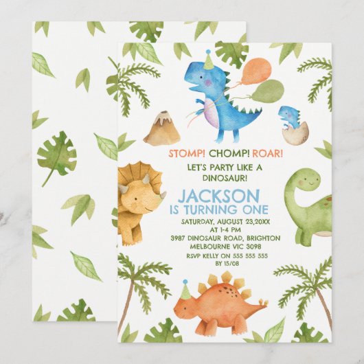 Kleurrijke Stomp Chomp Feest Dinosaur 1e Verjaarda Kaart (Voorkant / Achterkant)