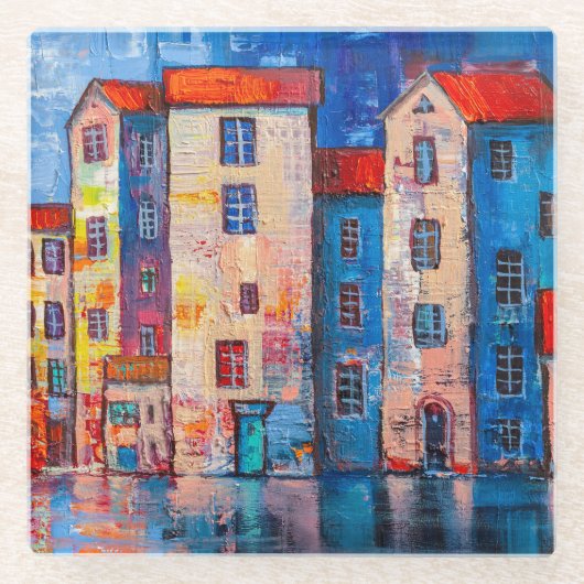 Kleurrijke straatpanorama impressionistische kunst glazen onderzetter (Voorkant)