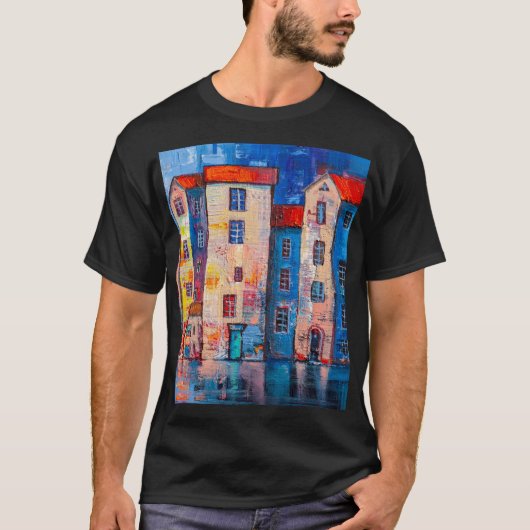 Kleurrijke straatpanorama impressionistische kunst t-shirt (Voorkant)