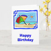 Kleurrijke Strand Scène van Oceaan, Zon & Paraplu Kaart (Gele Bloem)