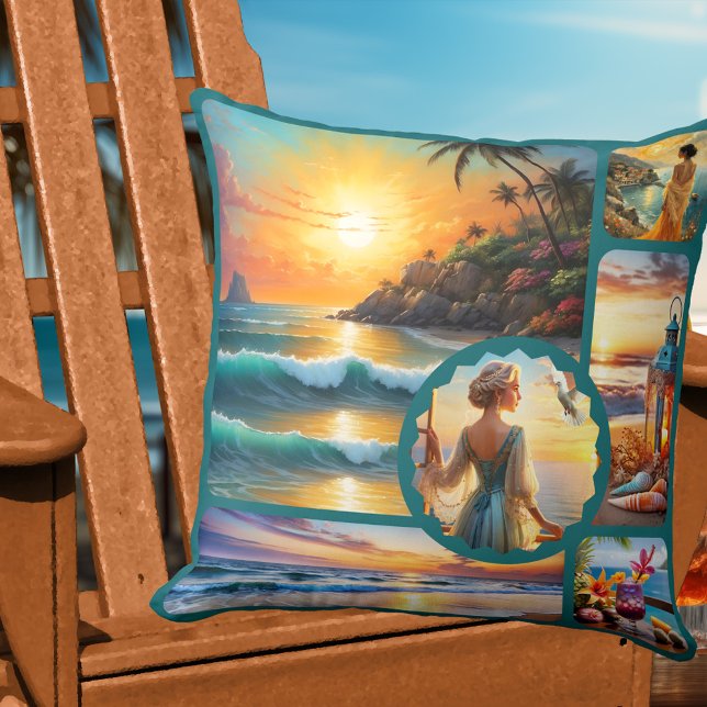 Kleurrijke strandfotocollage Boho Chic  Kussen (Colorful artistic beach house pillow featuring boho fun paintings or your custom photos)