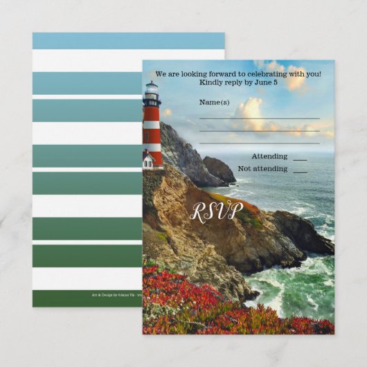 Kleurrijke strandvuurtoren trouw RSVP kaart (Voorkant / Achterkant)