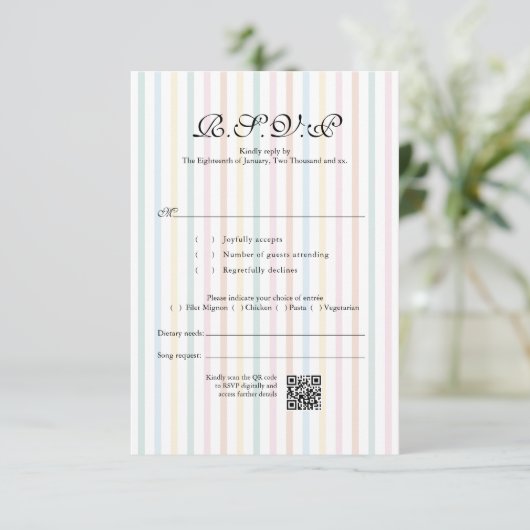 Kleurrijke streep QR-code bruiloft RSVP (Staand voorkant)