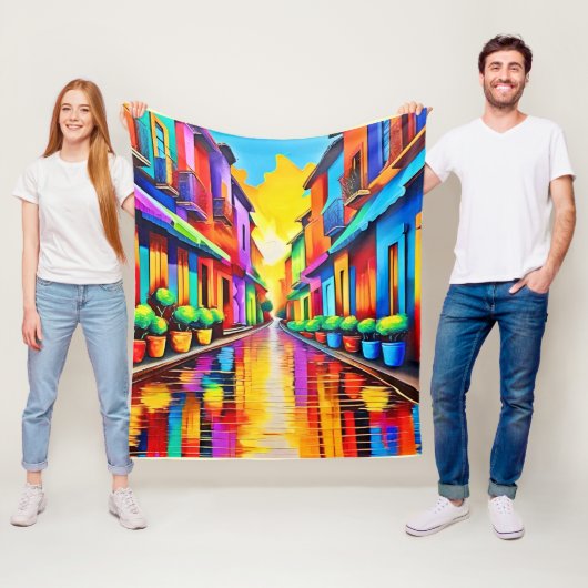 Kleurrijke Street Scene Art Fleece Deken (In situ)