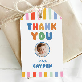 Kleurrijke Strepen Jongen 1e Verjaardag Foto Cadeaulabel