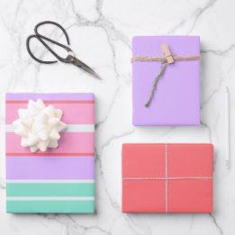 Kleurrijke Strepen, Koraalroze en Mauve Verjaardag Inpakpapier Vel