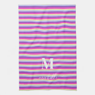 Kleurrijke Strepen met Monogram Schrift Theedoek