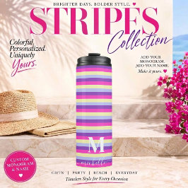 Kleurrijke Strepen met Monogram Schrift Thermosbeker