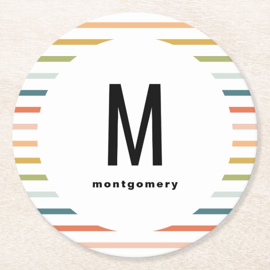 Kleurrijke strepen monogram cocktail ronde kartonnen onderzetter (Voorkant)