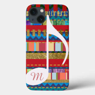 kleurrijke strepen, muzieknoot & initiaal iPhone 13 hoesje