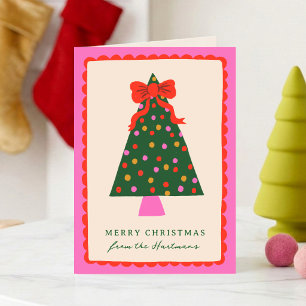 Kleurrijke Strik Kerstboom Scallop Frame Gevouwen Feestdagen Kaart