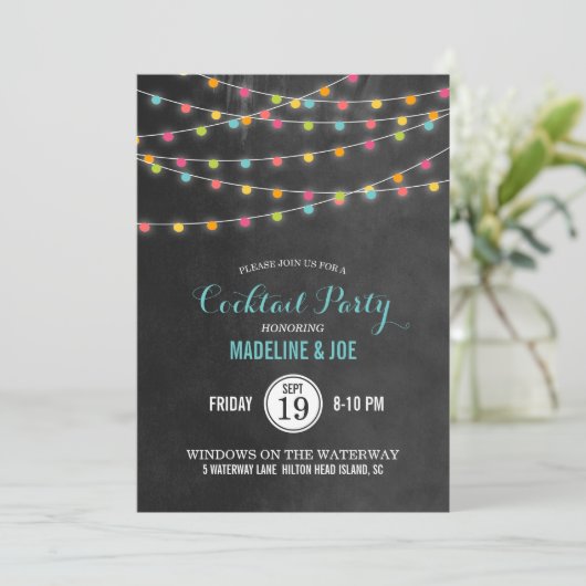 Kleurrijke String Lights Cocktail Party uitnodigin Kaart (Staand voorkant)