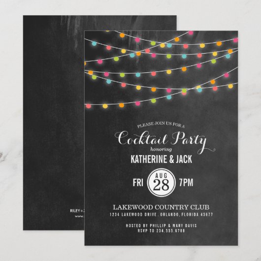 Kleurrijke String Lights Cocktail Party uitnodigin Kaart (Voorkant / Achterkant)