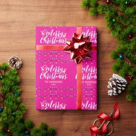 Kleurrijke String Lights Naam Roze Kerstmis Cadeaupapier