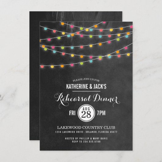Kleurrijke String Lights repetitie diner uitnodigi Kaart (Voorkant / Achterkant)