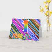 Kleurrijke stripes + regenboogpatroon "1 jaar oud! kaart (Gele Bloem)
