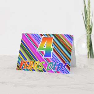 Kleurrijke strips + regenboogpatroon "4 jaar oud!" kaart