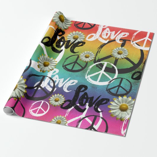 Kleurrijke Stropdas-Dye Peace Symbool LOVE Daisy H Cadeaupapier (Uitgerold)